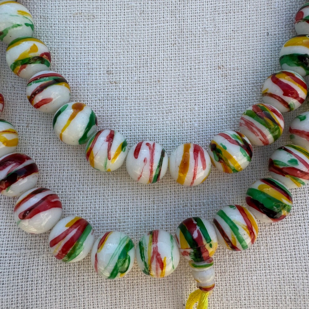 Hand Painted Striped Glass Bead Necklace Yellow Tassel Chinese Knot Multicolor - Picture 10 of 10